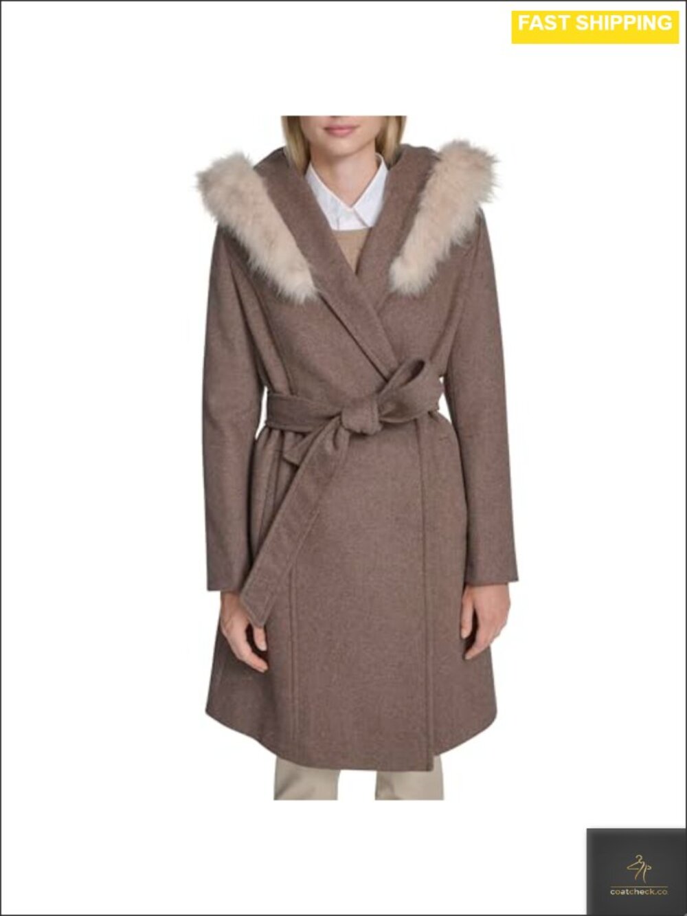 Wool Belted Wrap Coat Snap Closure Welt Pockets Long Sleeve Overcoat